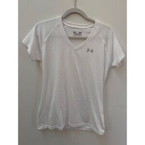 Under Armour Womens HeatGear White V-Neck Semi-Fitted Short Sleeve Shirt SM/P